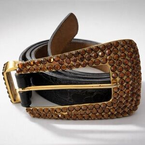 VTG Crocodile Belt, large Asymmetrical Gem-encrusted Buckle, brown/amber, 33-37”
